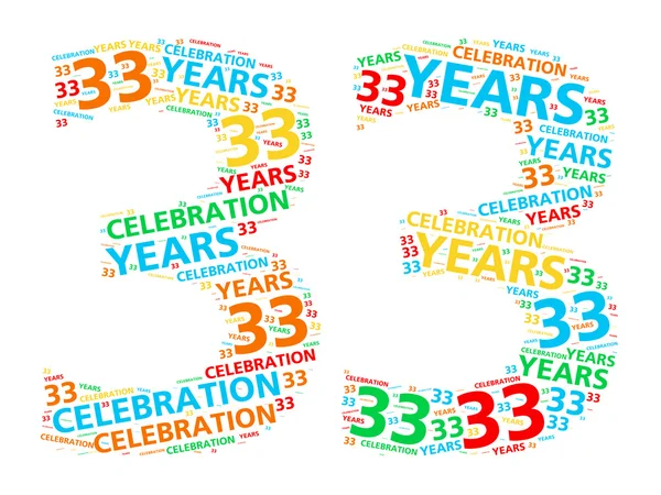 Színes szó felhő a 33 éves születésnap vagy évforduló ünneplése — Stock Fotó