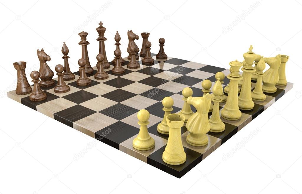 3D chess board with wooden dark and light game pieces