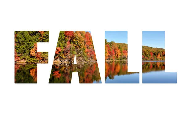 Large bold text spelling out the word fall with autumn scenics inside the letters — Stock Photo, Image