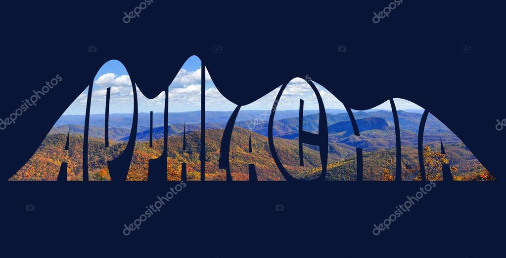 Text forming the word Appalachia with a beautiful fall landscape of the Appalachian Mountains inside the letters.