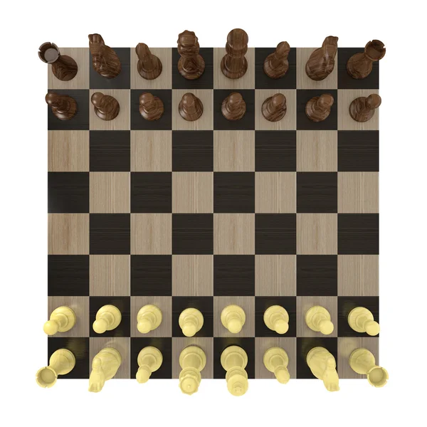 Vista aérea de un tablero de ajedrez configurado para una partida — Foto de Stock