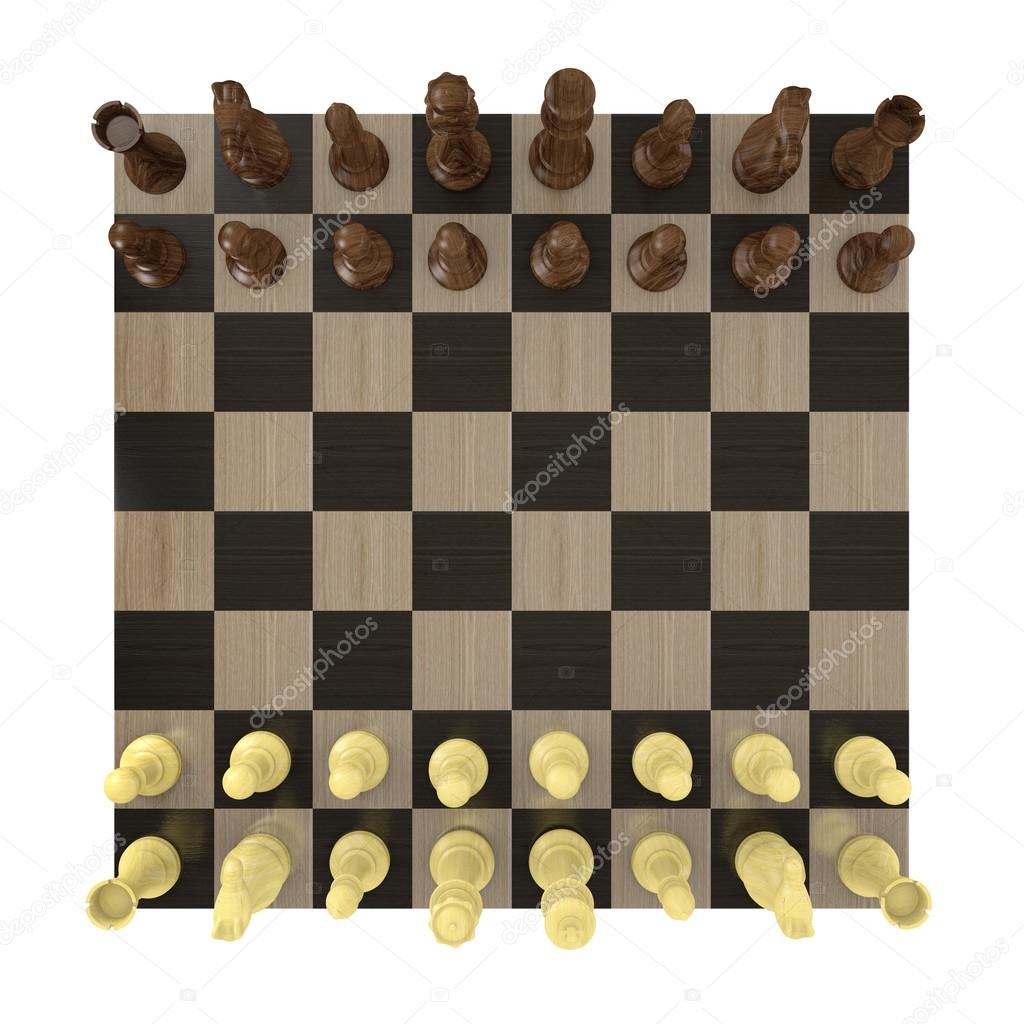Overhead view of a chess board set up for a game