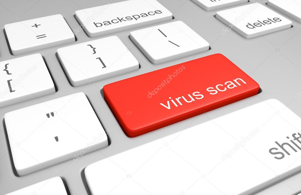 Virus scan key on a computer keyboard for finding threats and spyware