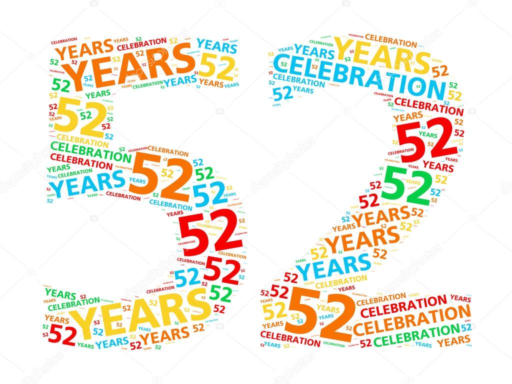 A word cloud in the shape of the number 52 for celebrating a fifty-two year achievement. — Photo by Kagenmi