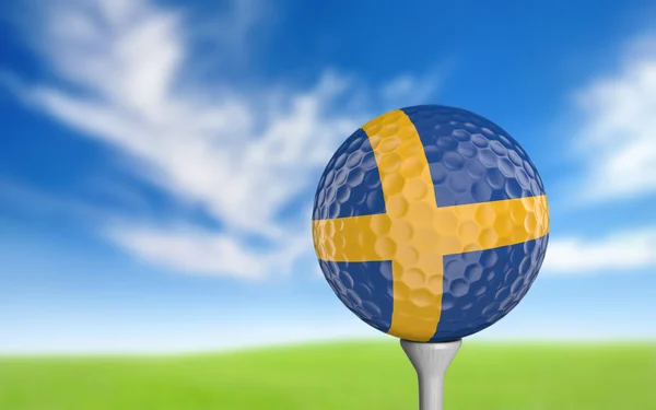 Golf ball with Sweden flag colors sitting on a tee — Stock Photo, Image