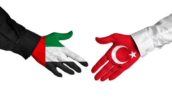 Arabische Emirate und türkische Führer schütteln sich die Hand über ein Abkommen — Stockfoto