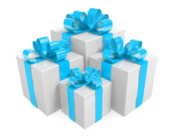 Hermosa caja de regalo blanca envuelta en cintas azul cielo — Foto de Stock