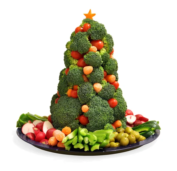 Homemade vegan holiday vegetable platter with broccoli Christmas tree — Stock Photo, Image