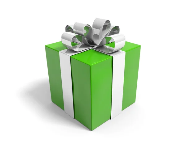 Зеленая подарочная коробка аккуратно завязанная серебряной лентой — стоковое фото
