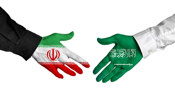 Iran and Saudi Arabia leaders shaking hands on a deal agreement — Stock Photo, Image