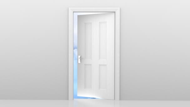 Freedom and enlightenment concept of a white door opening to heavenly clouds, 3D animation — Stock Video