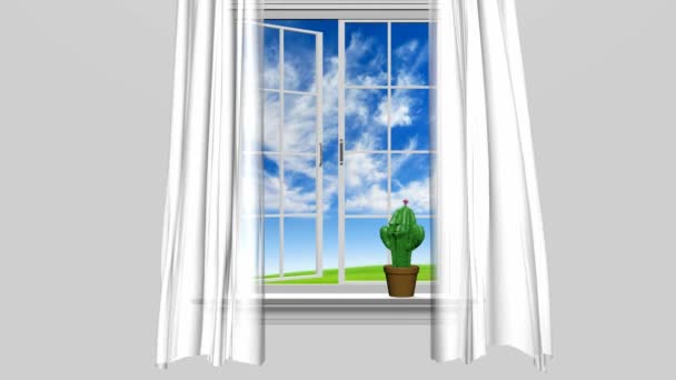 Innenraum und offenes Fenster mit blauem Sommerhimmel und einem glücklichen Kakteenmann, 3D-Animation