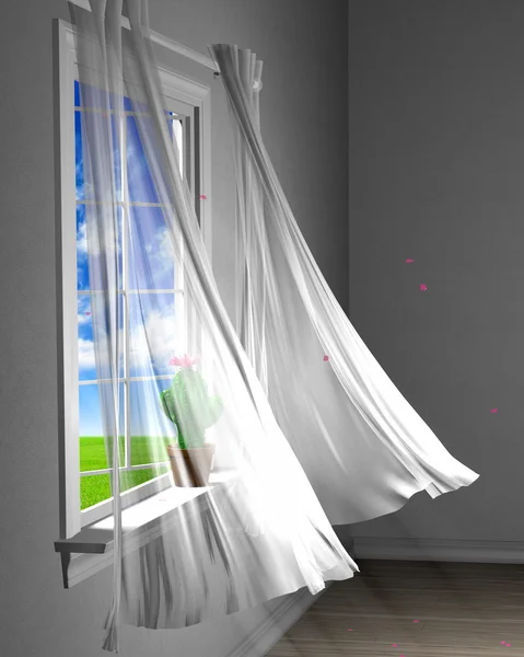 Brise printanière chaude soufflant doucement des pétales de cerise à travers une fenêtre ouverte — Photo