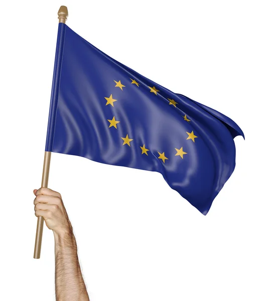 Kézi büszkén integetett az Európai Unió zászlaja — Stock Fotó