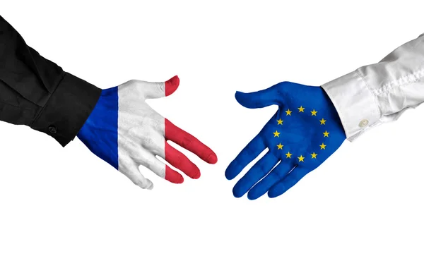 Przywódców Francji i Unii Europejskiej, drżenie rąk na ofertę umowy — Zdjęcie stockowe