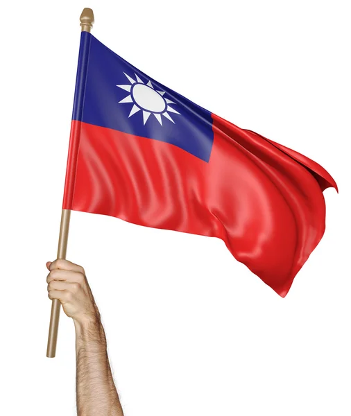 Рука с гордостью машет национальным флагом Тайваня — стоковое фото