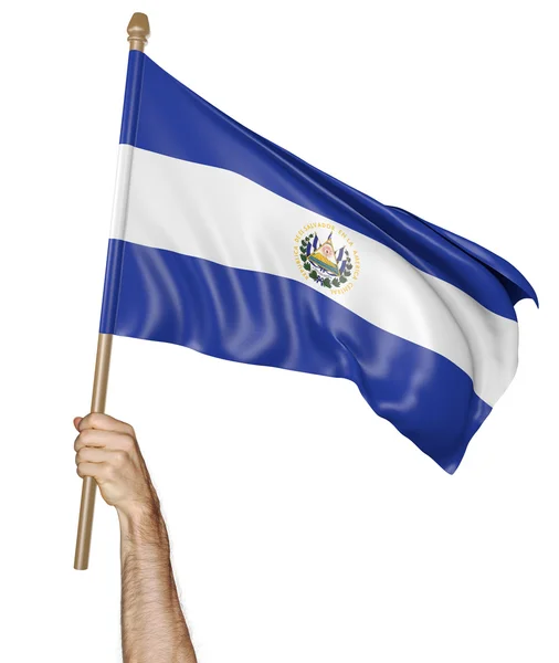 Mano orgullosamente ondeando la bandera nacional de El Salvador — Foto de Stock