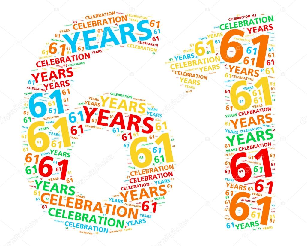 A word cloud in the shape of the number 61 for celebrating a sixty-one year achievement. — Photo by Kagenmi
