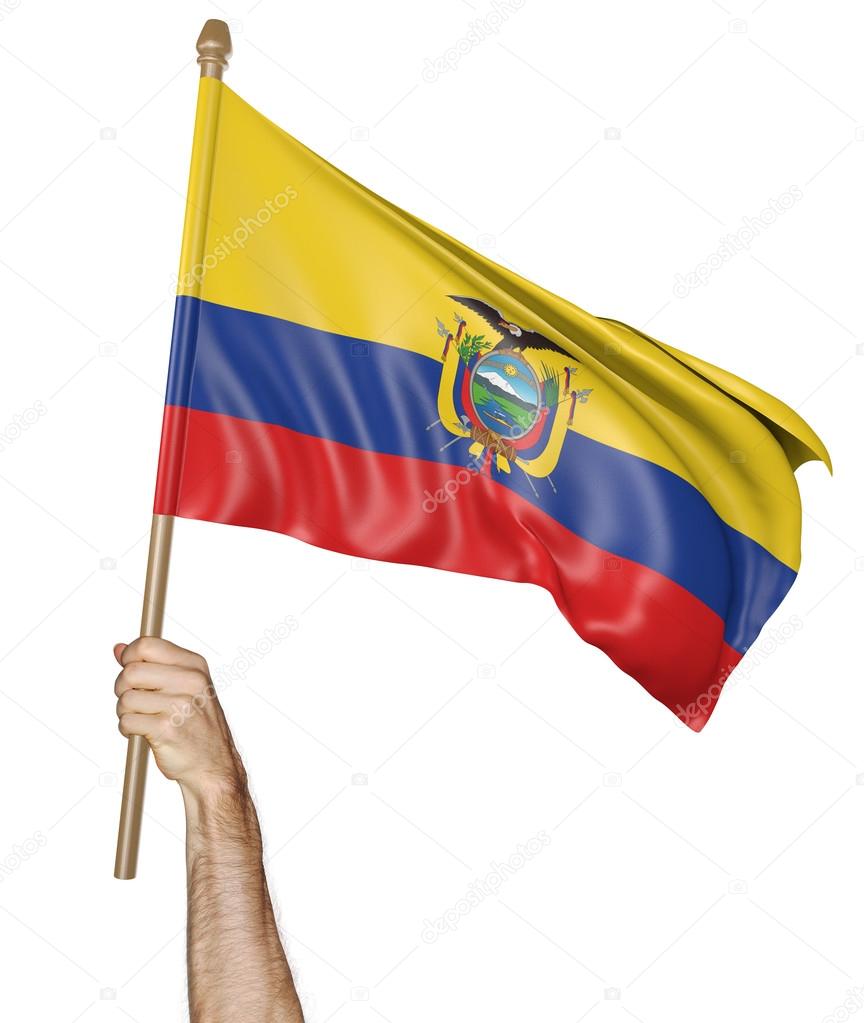Hand proudly waving the national flag of Ecuador