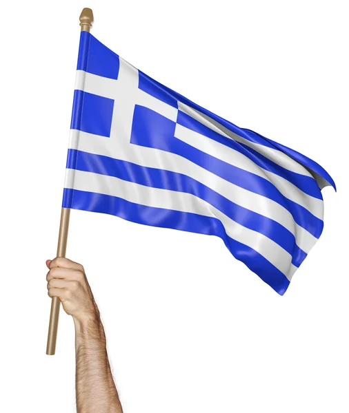 Hand proudly waving the national flag of Greece — Stock Photo, Image