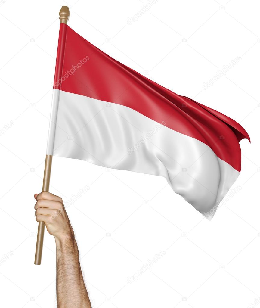 Hand proudly waving the national flag of Indonesia