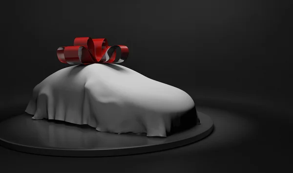 3D samochód zawinięty w arkusz i duży czerwony kokarda — Zdjęcie stockowe