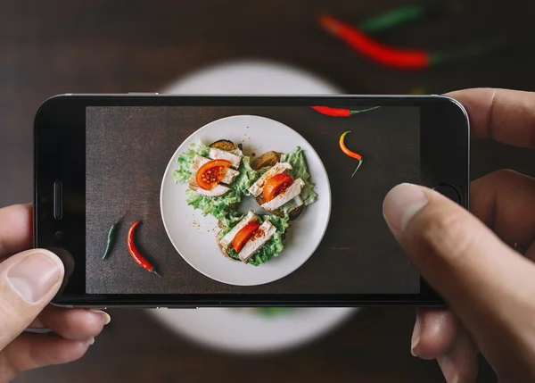 Tomando foto de sándwich de jamón con teléfono móvil . Fotos de stock libres de derechos