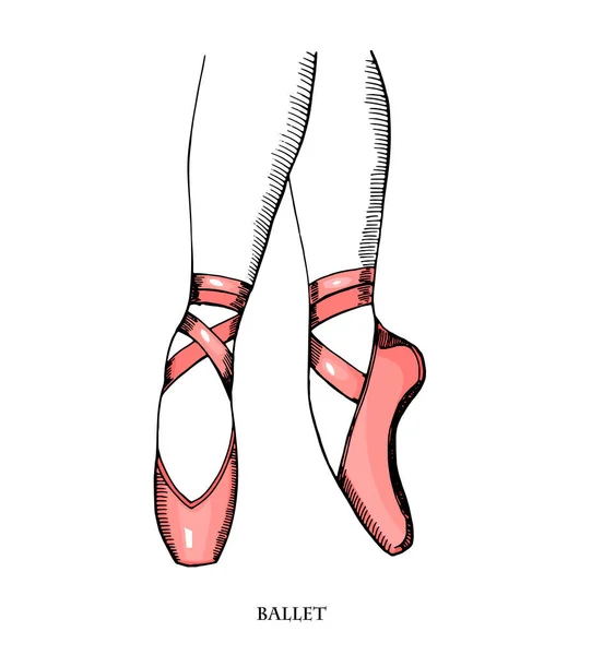 Zapatos de punta, ilustración dibujada a mano. Bailarina en los puntos rosados.Artista o mujer en el estudio de ballet. — Vector de stock
