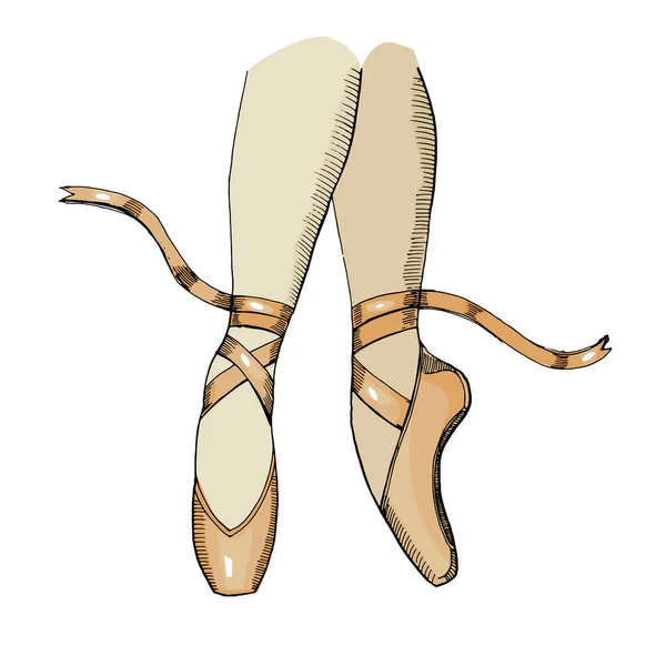 Chaussures Pointe, croquis illustration dessinée à la main. Ballerine sur les points beiges.Artiste ou femme dans le studio de ballet. — Image vectorielle