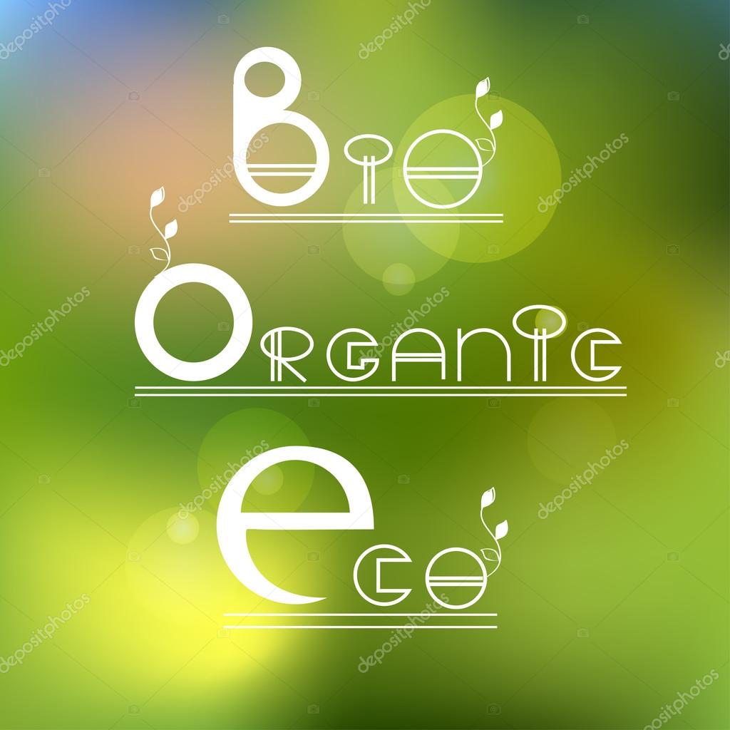 Vector blurred nature background with eco label of Organic Farm Fresh Food. Eco products, organic standard, or premium quality green product