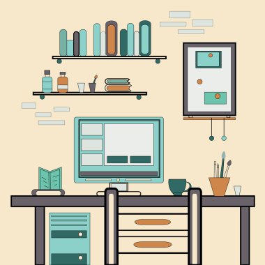 Ev işyeri düz vektör tasarımı. Serbest çalışan veya sanatçı için çalışma alanı .