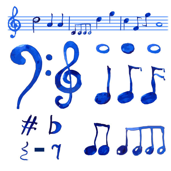 Watercolor blue  musical notes set.