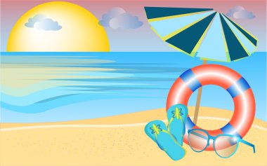 kumlu plaj, sandalet, şemsiye, güneş gözlüğü
