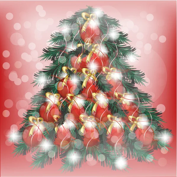 Рождественская елка с красными шарами, фон в красном — стоковый вектор