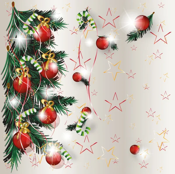Рождественская елка с красными шарами, звезды, белый фон — стоковый вектор