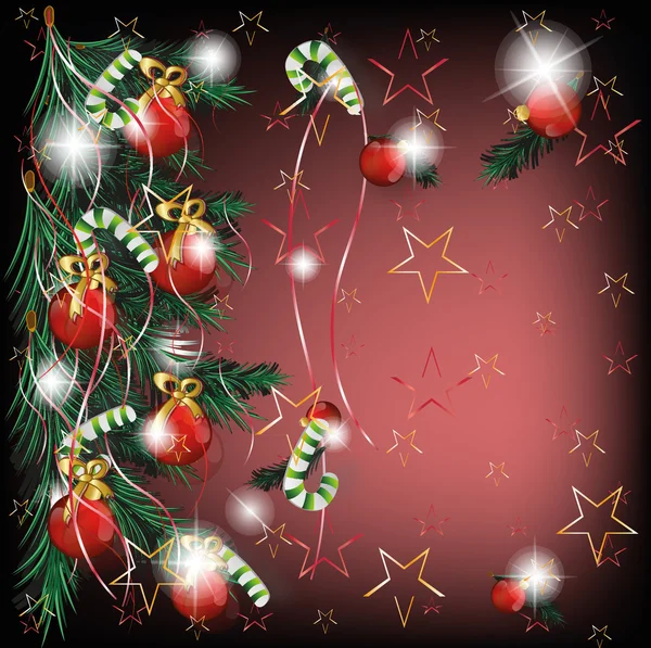 Рождественская елка с красными шарами, звезды, красный фон — стоковый вектор