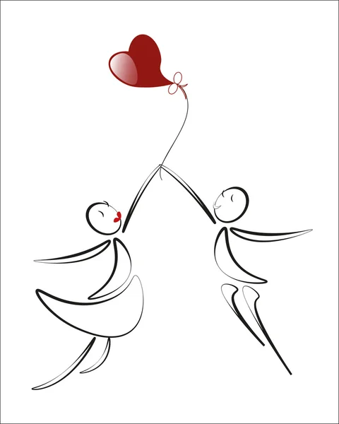 Amante chico y chica jugar con rojo corazón globo, dibujos animados, illustr — Vector de stock