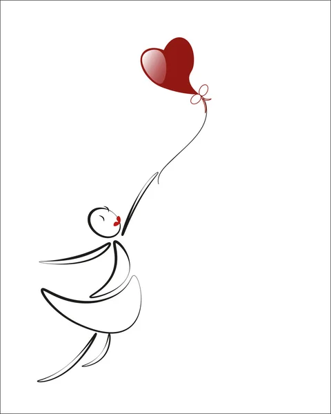 Lover girl with red heart balloon, cartoon, illustration — Stock Vector