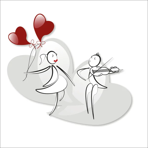 Boy plays the violin, girl with red hearts baloons — Stock Vector