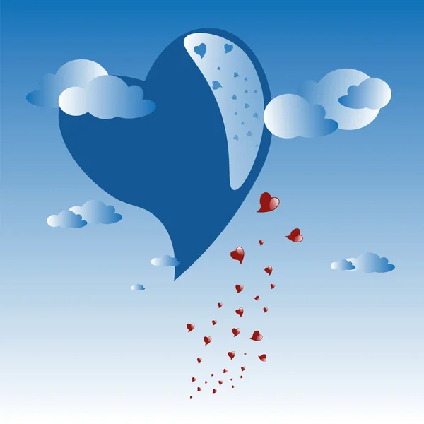 Corazón azul en el cielo con corazones rojos — Vector de stock