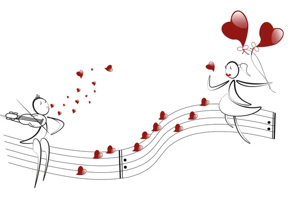 Chico toca el violín, notas de corazones, chica con corazones rojos globos — Vector de stock