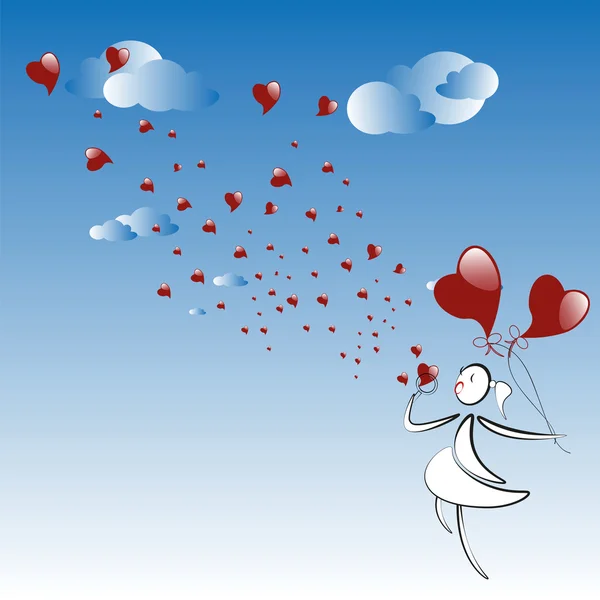 Dziewczyna dmuchanie serca balony — Wektor stockowy