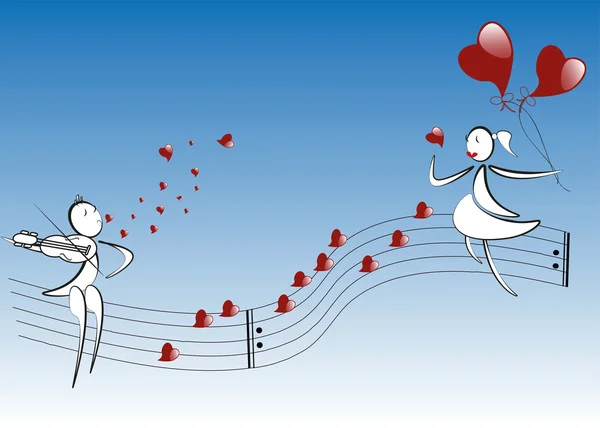 Jongen speelt de viool, harten notities, meisje met harten baloons, bl — Stockvector