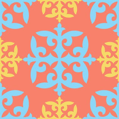 Kusursuz Kazak deseni. Doğu tarzında bir süs. Orta Asya ve Kazakistan, Kırgızistan, Moğolistan göçebelerinin Asya desenleri.