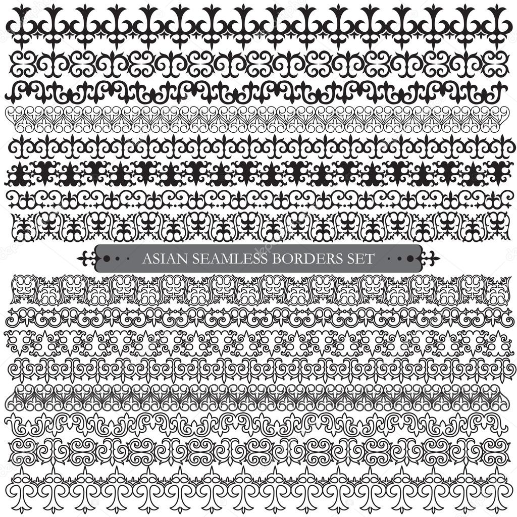 Asian set of eight patterns and ornaments. Set of seamless borde