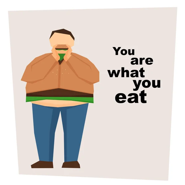 Hombre grande comer hamburguesa — Vector de stock