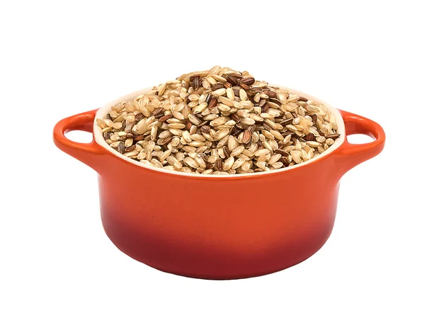 Raw brown rice in ceramic pot — Stock Photo, Image