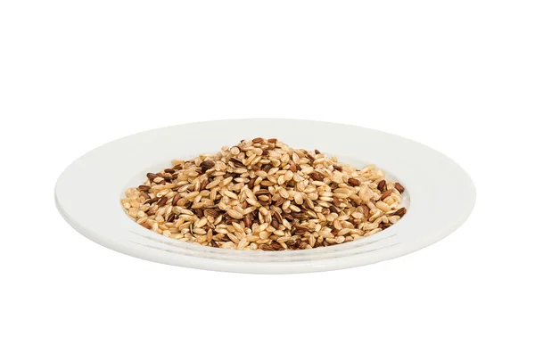 Raw brown rice on porcelain plate — Stock Photo, Image