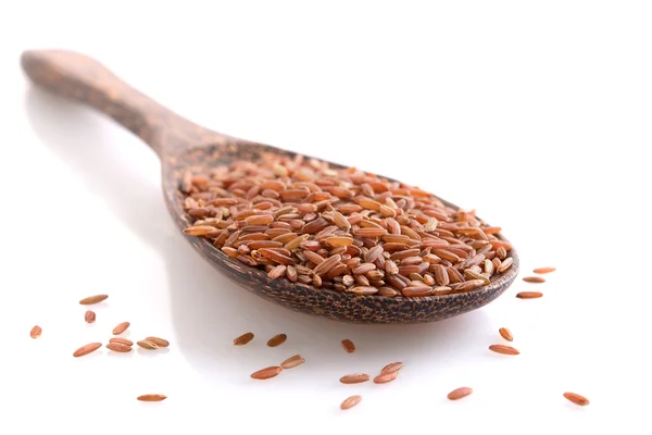 Brown rice on wooden spoon — Stock Photo, Image