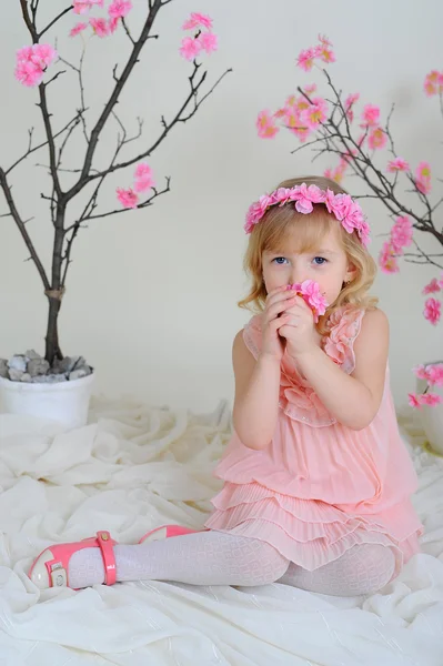 La fille dans une robe rose et une couronne sur sa tête — Photo